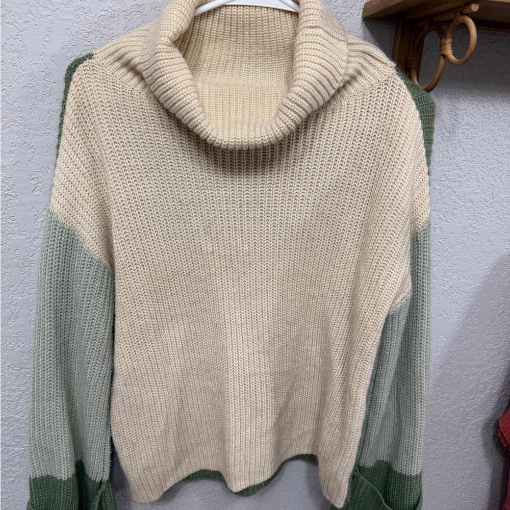 Simplee Apparel Cream and Green Turtleneck Sweater